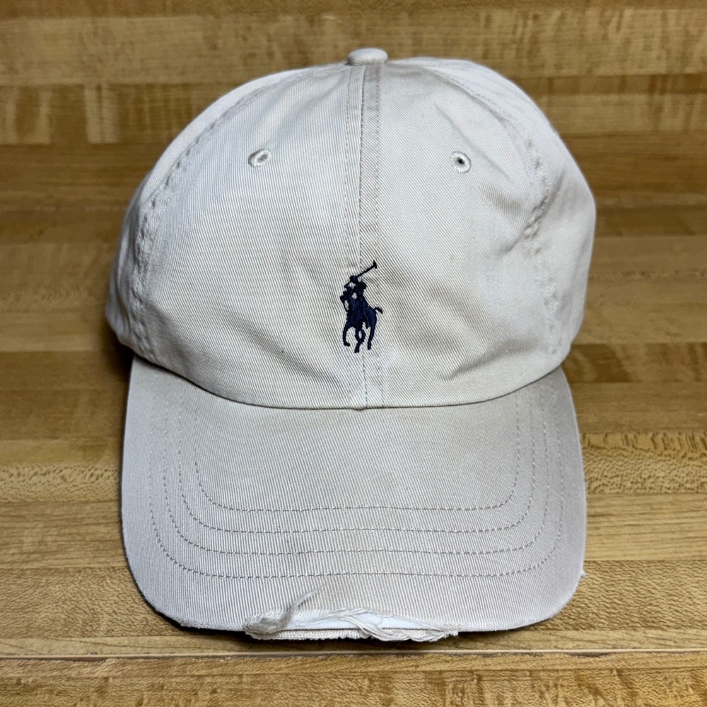 Polo Ralph Lauren Mens Tan Chino Twill Hat Navy Pony Baseball Cap Distressed